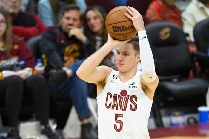 Apr 9, 2023; Cleveland, Ohio, USA; Cleveland Cavaliers guard Sam Merrill (5) shoots in the third quarter against the Charlotte Hornets at Rocket Mortgage FieldHouse. Mandatory Credit: David Richard-USA TODAY Sports